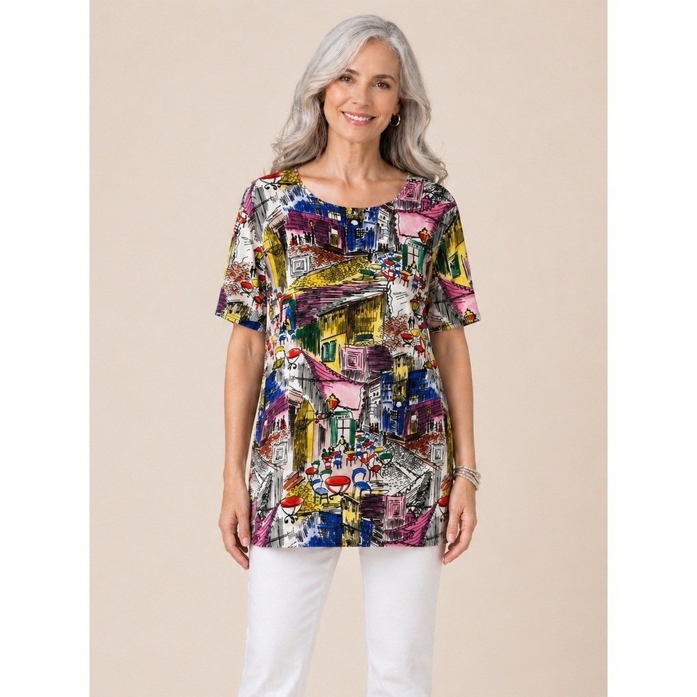 NorthStyle Women Artistic Cafe Scene Print Short Sleeve Tunic Top L Novelty